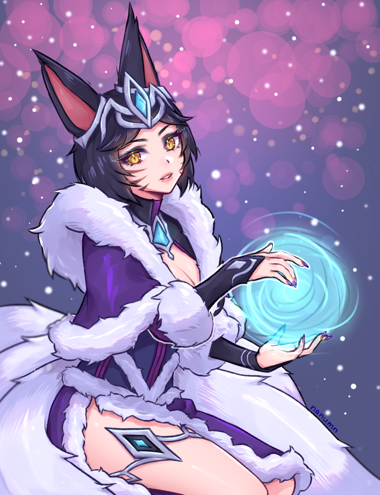 1girl, ahri_(league_of_legends), animal_ears, artist_name, black_hair, breasts, cleavage, facial_mark