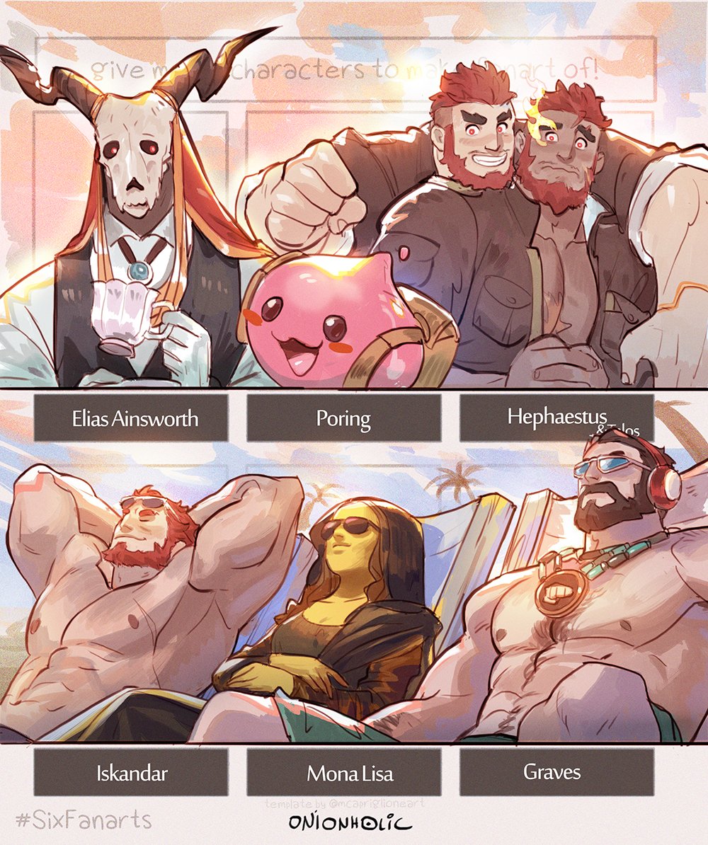 1girl, 1other, 5boys, abs, animal_skull, arms_behind_head, artist_name, beard
