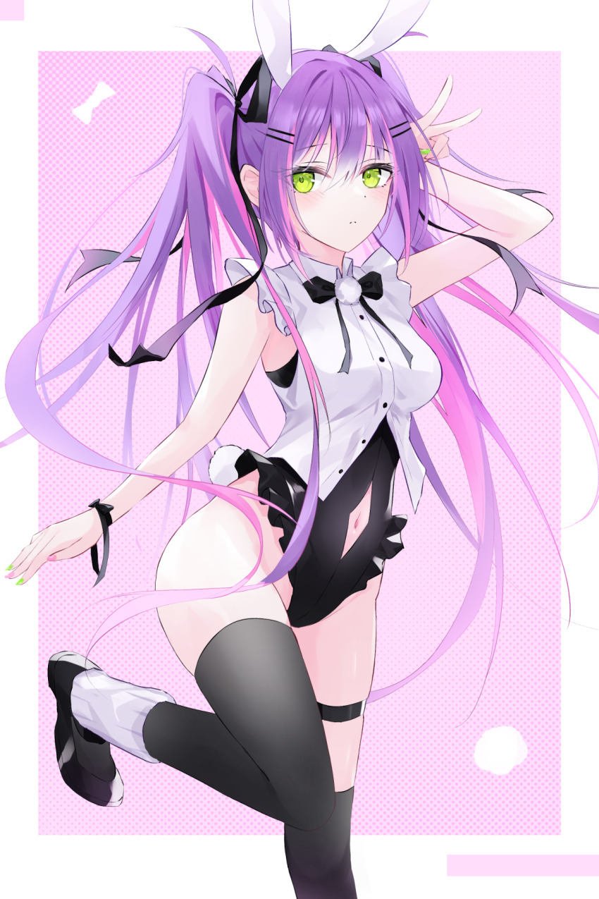 1girl, adapted_costume, animal_ears, asymmetrical_legwear, black_bow, black_bowtie, black_leotard, black_ribbon