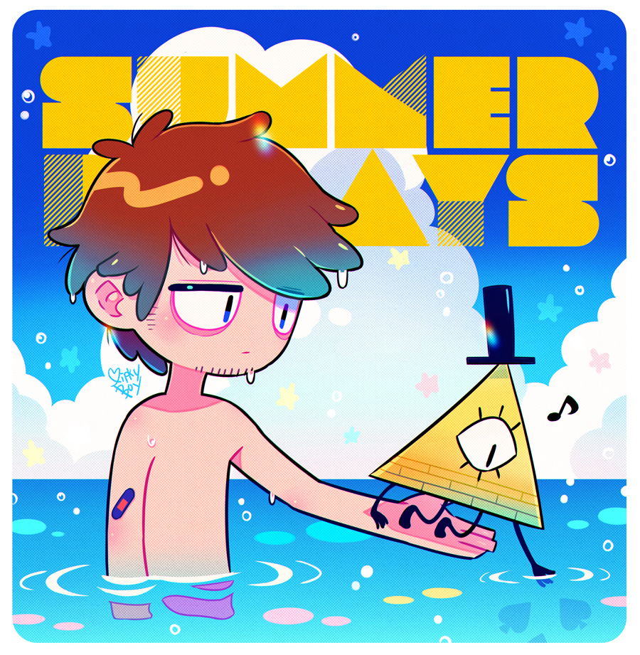 bill_cipher, blue_sky, brown_hair, cyclops, dipper_pines, dress, english_text, facial_hair, gravity_falls, hat, ocean, one-eyed, otoe_(milkyboy_inc.), ripples, sky, stickam, stubble, summer, sundress, top_hat, topless_male, water