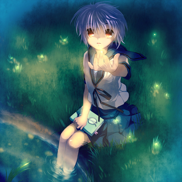 10s, 1girl, book, brown_eyes, bug, female_focus, fireflies, firefly