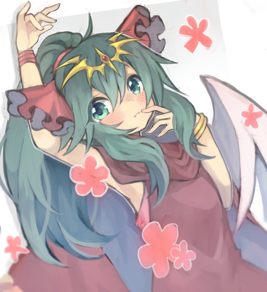 1girl, ahoge, aqua_eyes, aqua_hair, arm_up, blush, bracelet, child