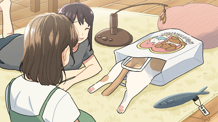 2girls, animal, bag, barcode, black_hair, bob_cut, brown_hair, cat