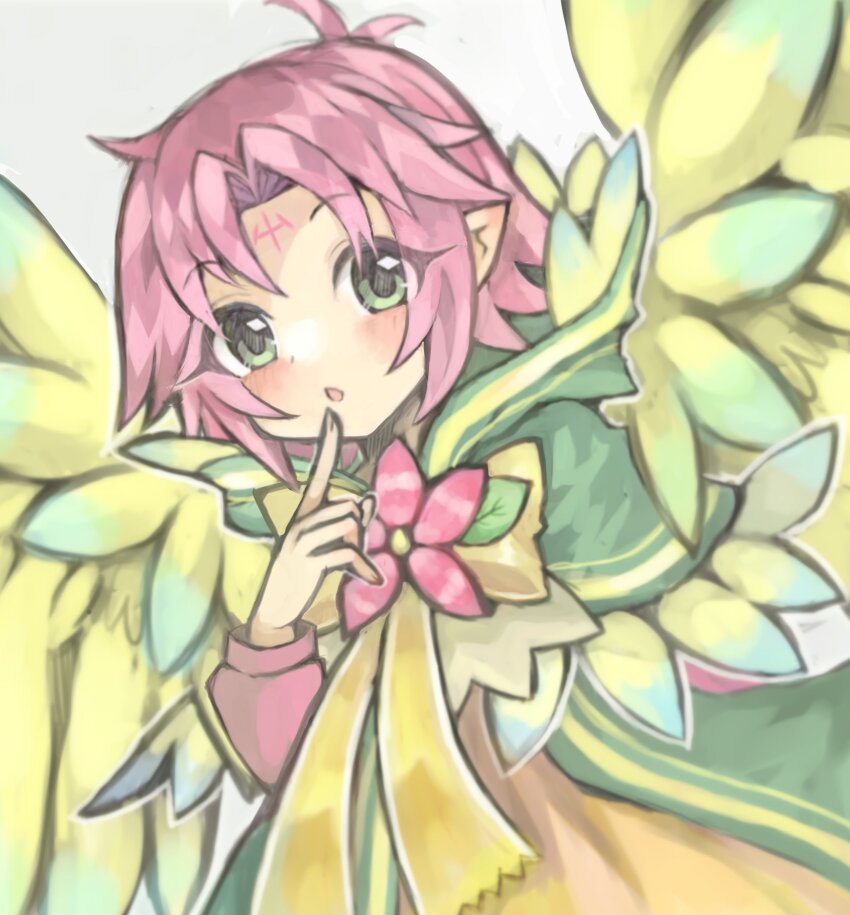 1girl, :o, antenna_hair, aqua_wings, bird_wings, blush, bow, bowtie, cape, child, delaware3850, facial_mark, fae_(childlike_dragon)_(fire_emblem), fae_(fire_emblem), feathered_wings, finger_to_mouth, fingernails, fire_emblem, fire_emblem:_the_binding_blade, fire_emblem_heroes, flower, forehead_mark, green_cape, green_eyes, hair_intakes, hand_up, highres, leaf, long_sleeves, looking_at_viewer, multicolored_wings, nintendo, official_alternate_costume, open_mouth, pink_flower, pink_hair, pointy_ears, short_hair, simple_background, solo, two-tone_wings, white_background, wings, yellow_bow, yellow_bowtie, yellow_wings