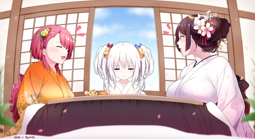 3girls, azuki_nagamitsu_(tenka_hyakken), bell, black_hair, cherry_blossoms, chobipero, daihannya_nagamitsu_(tenka_hyakken), falling_petals