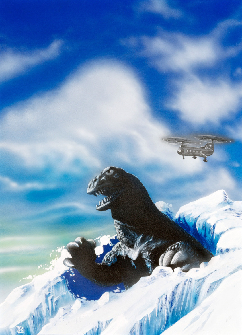 aircraft, blue_sky, buried, ch-47_chinook, claws, cloud, crossover, day, dinosaur, godzilla, godzilla_(series), helicopter, highres, ice, iceberg, jean-pierre_normand, kaiju, king_kong_(series), king_kong_vs._godzilla, no_humans, official_art, sea_monster, sharp_teeth, sky, snow, teeth, toho