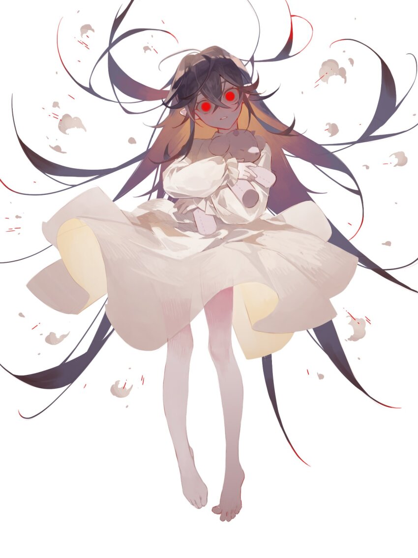 1girl, amano_meme, bare_legs, barefoot, black_hair, borrowed_character, dress, floating, floating_clothes, floating_hair, full_body, glowing, glowing_eyes, hair_between_eyes, head_tilt, highres, holding, holding_stuffed_toy, hugging_object, long_hair, long_sleeves, looking_at_viewer, original, parted_lips, pointy_ears, puffy_long_sleeves, puffy_sleeves, red_eyes, see-through_silhouette, simple_background, smoke, solo, stuffed_animal, stuffed_sheep, stuffed_toy, very_long_hair, white_background, white_dress, wide-eyed