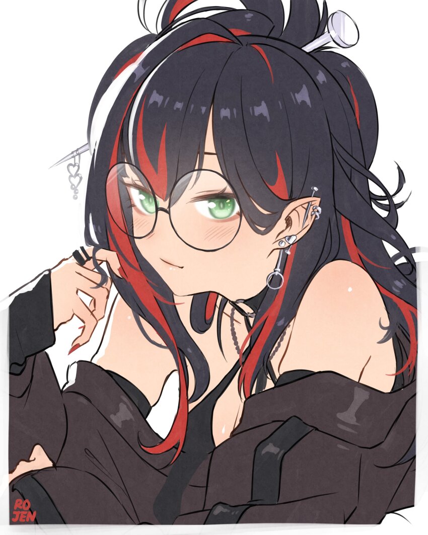 1girl, absurdres, artist_name, bare_shoulders, black-framed_eyewear, black_hair, black_sweater, blush