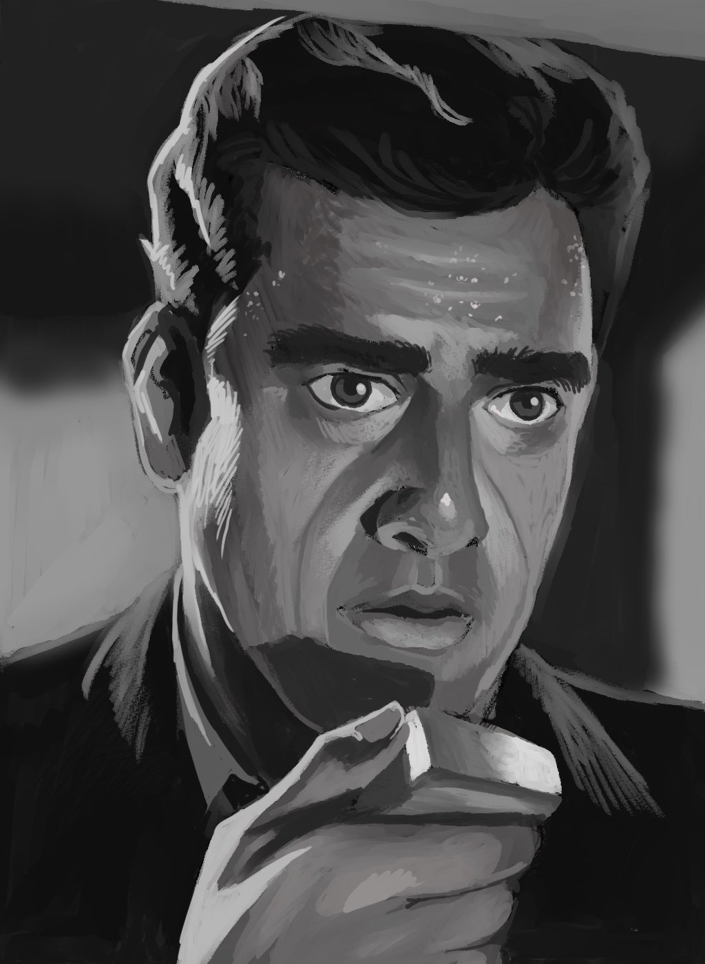 1boy, alex_alcanter, godzilla:_king_of_the_monsters_(u.s._gojira_edit), godzilla_(1954_movie), godzilla_(series), highres, monochrome, nervous_sweating