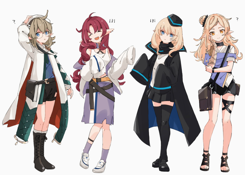 4girls, :d, ?, antenna_hair, arknights, bag, bandaged_arm, bandages, bare_shoulders, belt, belt_buckle, black_choker, black_footwear, black_headwear, black_shorts, black_thighhighs, blonde_hair, blue_eyes, book, boots, brown_hair, buckle, cape, character_request, choker, closed_eyes, coat, croque_diamondface_(arknights), deculture_silvermint_(arknights), durin_(arknights), earrings, facing_viewer, full_body, hair_bun, hand_on_own_cheek, hand_on_own_face, harami_(hara_333), hat, height, jewelry, knee_boots, kneehighs, lace-up_boots, loafers, long_hair, long_sleeves, looking_at_viewer, medium_skirt, miniskirt, multiple_girls, myrtle_(arknights), navel, open_clothes, open_coat, open_mouth, orange_eyes, parted_bangs, parted_lips, pointy_ears, purple_skirt, purple_socks, red_hair, sandals, shirt, shoes, short_hair, shorts, shoulder_bag, simple_background, single_hair_bun, single_side_bun, skirt, sleeves_past_fingers, sleeves_past_wrists, smile, sneakers, socks, standing, swept_bangs, tank_top, thigh_strap, thighhighs, trait_connection, very_long_hair, white_background, white_cape, white_coat, white_footwear, white_headwear, white_shirt, white_socks, zettai_ryouiki