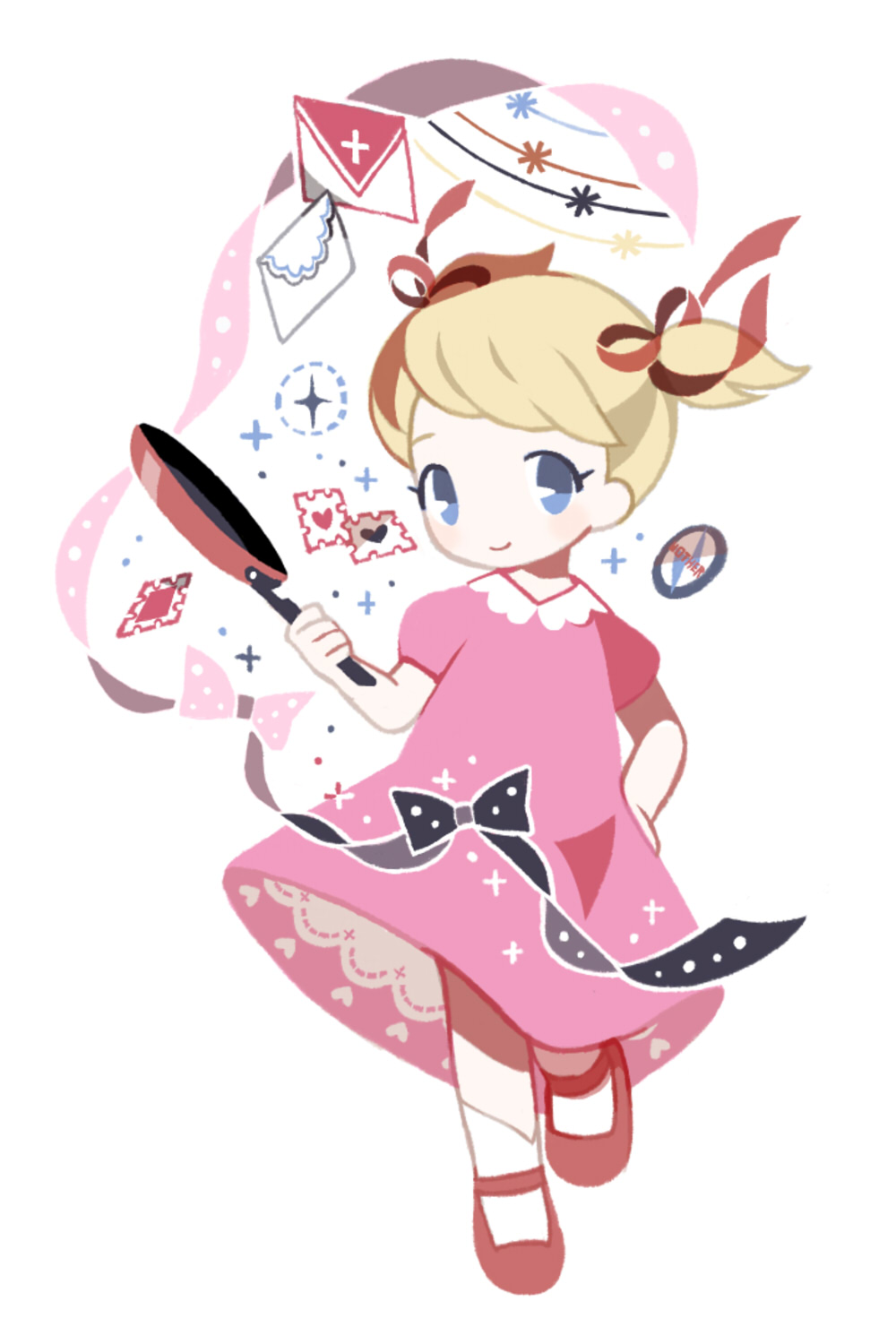 1girl, ana_(mother), blonde_hair, blue_eyes, blush, bow, child, dress, franklin_badge, frying_pan, hair_ribbon, hand_on_own_hip, highres, holding, holding_frying_pan, letter, mary_janes, mother_(series), mother_1, nintendo, pink_dress, postage_stamp, ribbon, shoes, short_twintails, smile, socks, solo, tanba_(tanba-art), twintails, white_socks