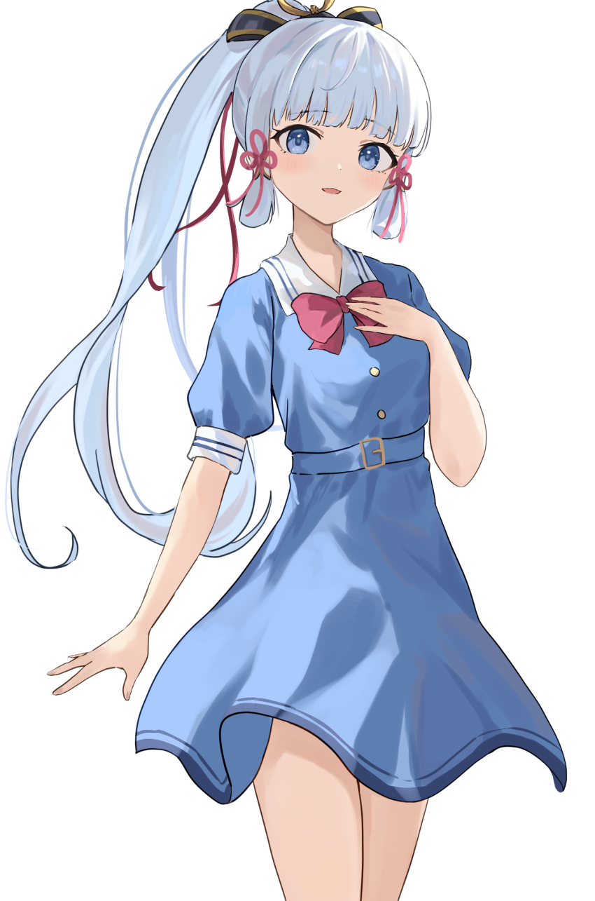1girl, ayaka_(genshin_impact), belt, blue_belt, blue_dress, blue_eyes, blue_hair, bow