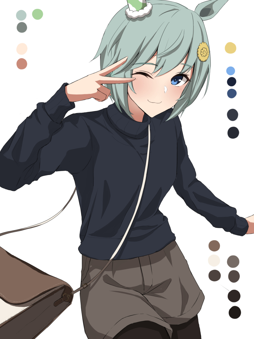 1girl, ;3, alternate_costume, animal_ears, ashiminoe, bag, between_breasts, black_pantyhose