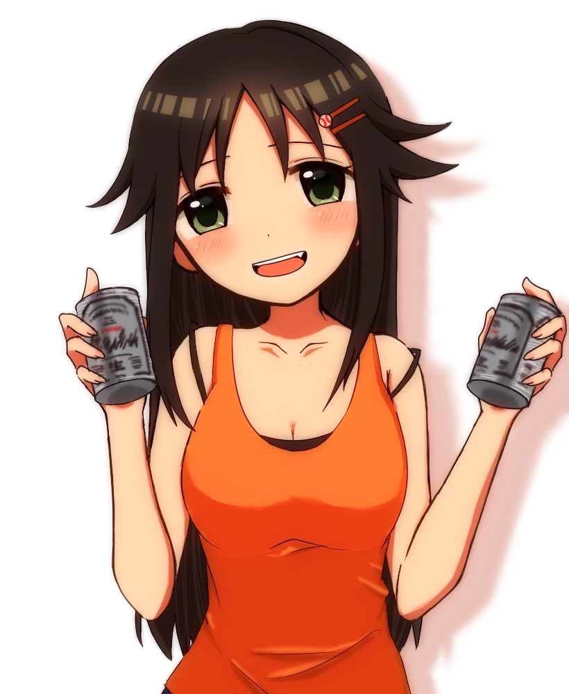 1girl, alcohol, bare_shoulders, baseball_hair_ornament, beer, beer_can, blush, breasts