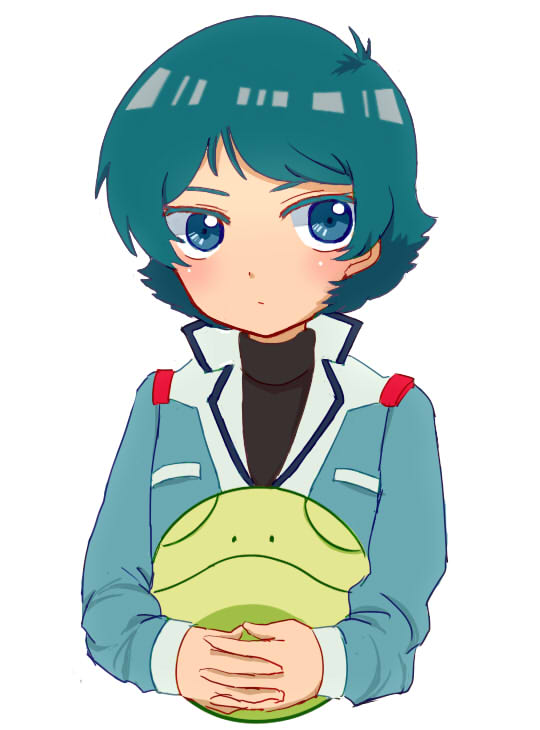 1boy, black_shirt, blue_eyes, blue_hair, blue_jacket, blush, collared_shirt, colored_eyelashes, dot_nose, gundam, haro, holding, jacket, kamille_bidan, komari15, male_focus, own_hands_together, serious, shirt, short_hair, simple_background, solo, white_background, zeta_gundam