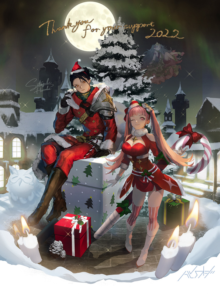 1boy, 2girls, absurdres, armor, black_footwear, black_gloves, blue_hair, blunt_bangs