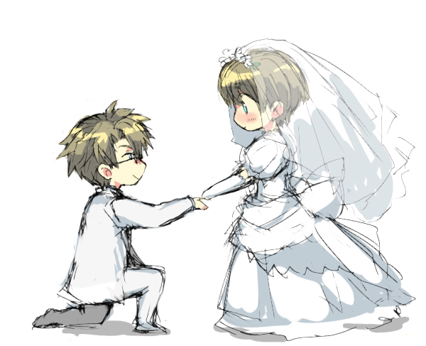 2boys, blush, bridal_veil, bride, couple, dress, dual_persona, glasses