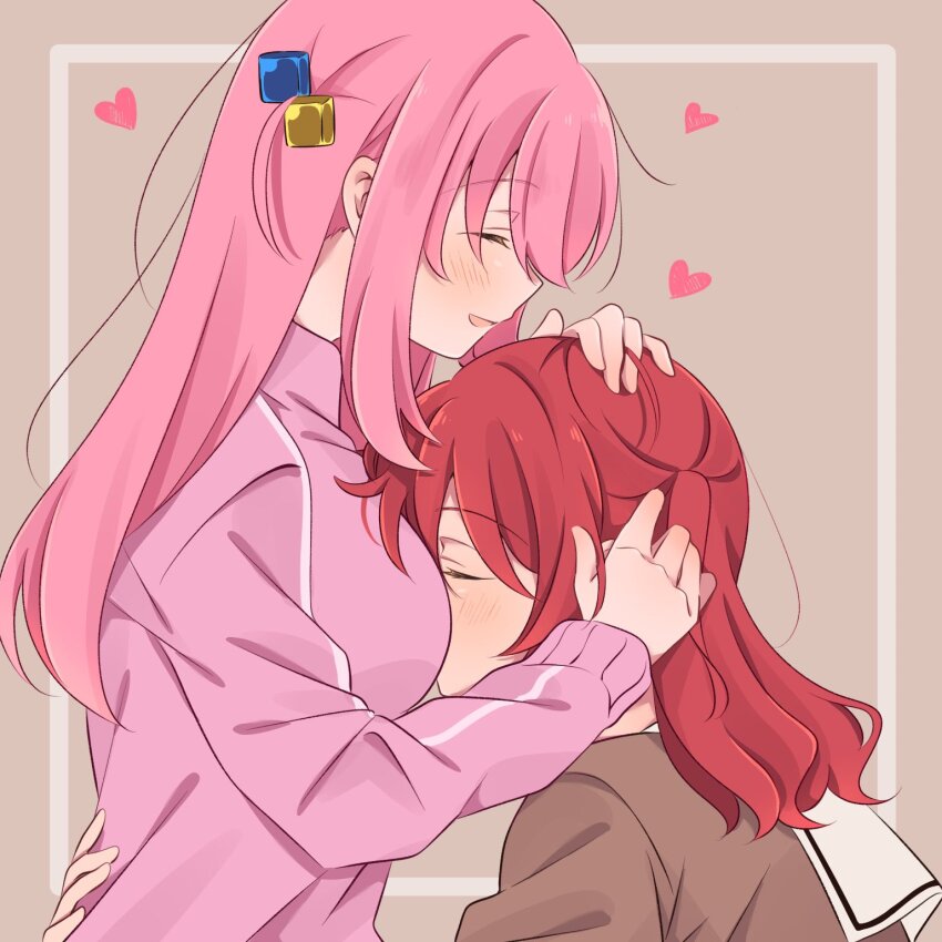 2girls, between_breasts, blush, bocchi_the_rock!, breasts, closed_eyes, commentary_request, cube_hair_ornament