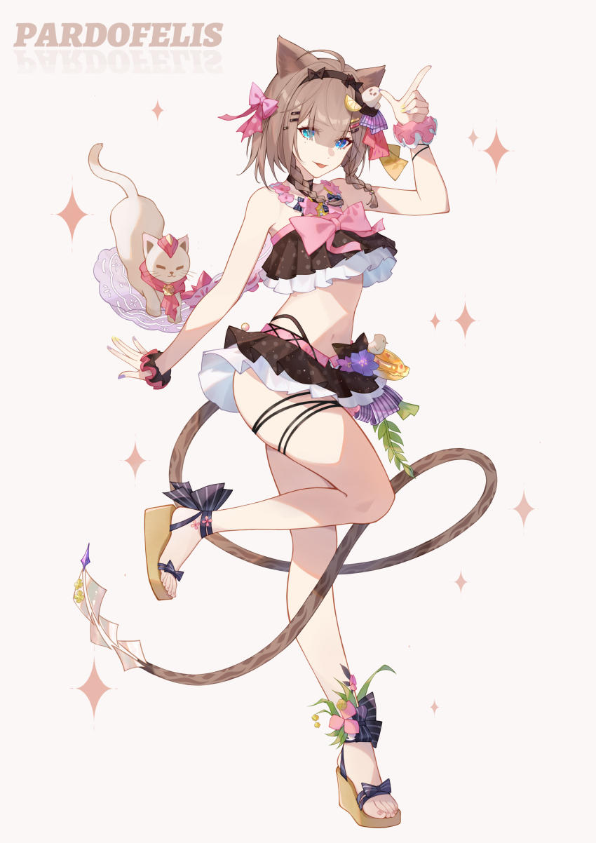 1girl, :d, absurdres, animal_ears, bare_shoulders, bikini, blue_hair, bow