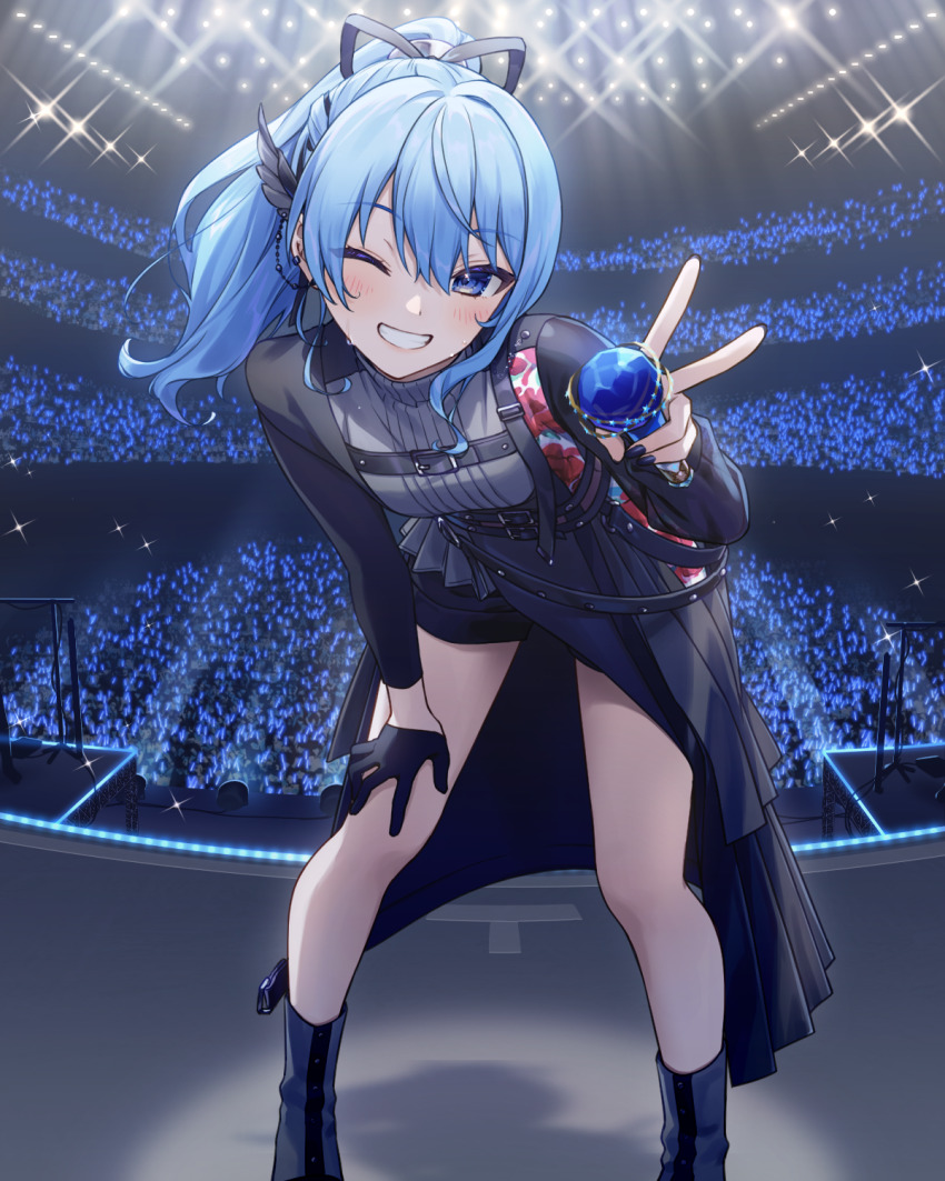 1girl, akabino, audience, belt, black_belt, black_gloves, black_nails, black_shirt, black_shorts, blue_eyes, blue_hair, blush, boots, commentary_request, concert, feet_out_of_frame, floral_print, gloves, glowstick, grin, hair_ornament, hair_ribbon, high_ponytail, highres, holding, holding_microphone, hololive, hoshimachi_suisei, hoshimachi_suisei_(shout_in_crisis), leaning_forward, legs, long_hair, long_sleeves, microphone, official_alternate_costume, official_alternate_hairstyle, one_eye_closed, penlight_(glowstick), ponytail, ribbon, rose_print, shirt, short_shorts, shorts, single_glove, smile, solo, stage, stage_lights, sweat, turtleneck, v, virtual_youtuber, wing_hair_ornament