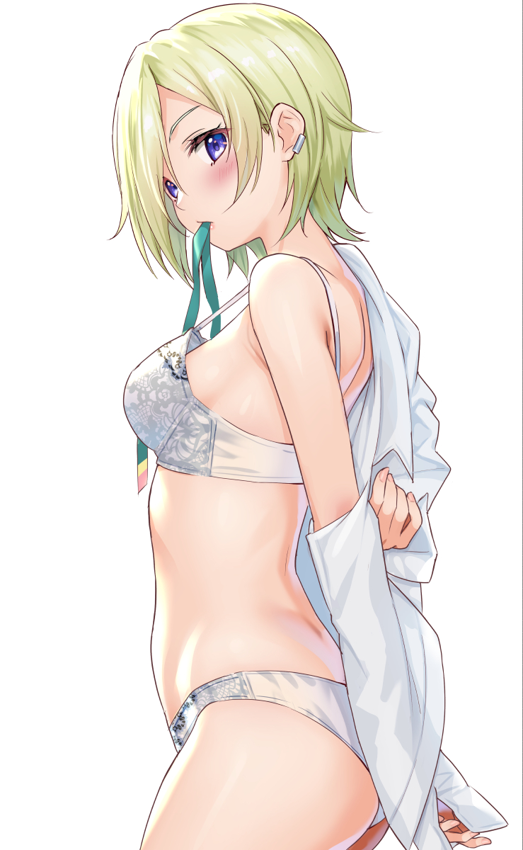 1girl, bra, breasts, fingernails, green_hair, green_ribbon, highres, looking_at_viewer