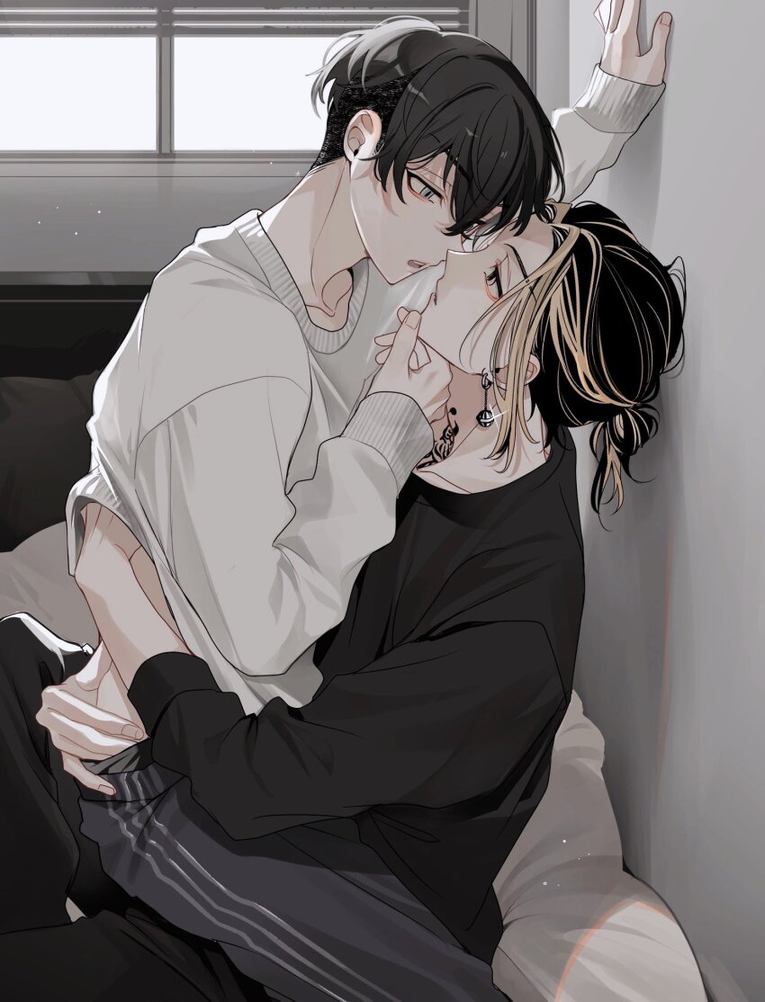 2boys, bed, black_hair, black_pants, black_shirt, blonde_hair, collarbone, commentary_request, crossed_bangs, earrings, eye_contact, glint, grey_eyes, grey_pants, hair_between_eyes, hair_bun, hand_on_another's_chin, hand_up, hanemiya_kazutora, highres, imminent_kiss, indoors, jewelry, long_sleeves, looking_at_another, male_focus, matsuno_chifuyu, medium_hair, multicolored_hair, multiple_boys, neck_tattoo, neconecowc, on_bed, open_mouth, pants, parted_bangs, pillow, ponytail, profile, shirt, short_hair, sidelocks, single_hair_bun, sitting, sitting_on_lap, sitting_on_person, streaked_hair, tattoo, teeth, tokyo_revengers, undercut, upper_teeth_only, white_shirt, window, yaoi