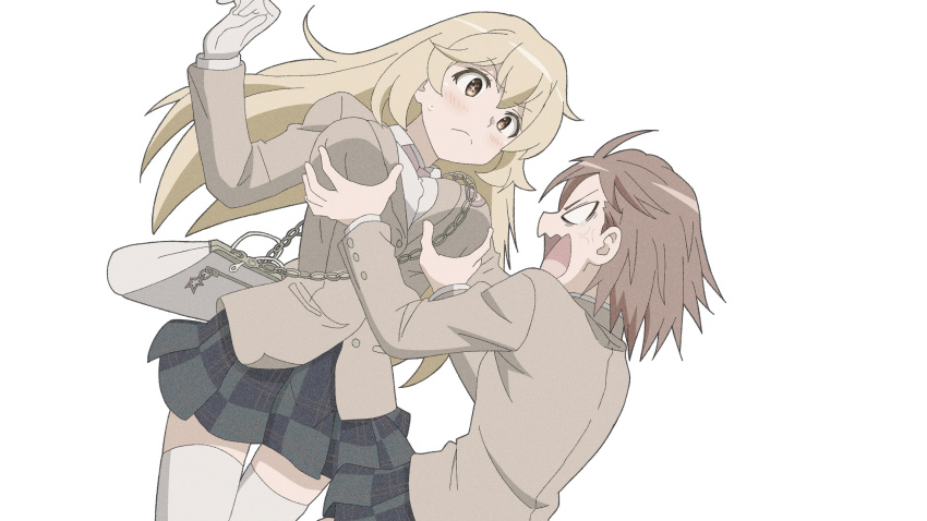 2girls, anger_vein, bag, black_skirt, blank_eyes, blazer, blonde_hair, blush, breast_envy, breasts, brown_eyes, brown_hair, brown_jacket, collared_shirt, commentary_request, dutch_angle, frown, gloves, grabbing_another's_breast, groping, handbag, hands_up, highres, jacket, large_breasts, long_hair, long_sleeves, misaka_mikoto, multiple_girls, plaid_clothes, plaid_skirt, pleated_skirt, scene_reference, school_uniform, shirt, shokuhou_misaki, short_hair, shouting, skirt, small_breasts, star-shaped_pupils, star_(symbol), surprised, sweatdrop, symbol-shaped_pupils, tearing_up, thighhighs, toaru_kagaku_no_railgun, toaru_kagaku_no_railgun_t, toaru_majutsu_no_index, tokiwadai_school_uniform, watanabegenn, white_background, white_eyes, white_gloves, white_shirt, white_thighhighs, winter_uniform