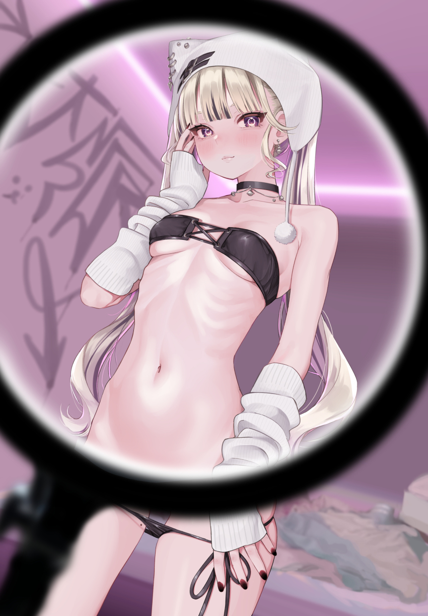 1girl, a01macaron, absurdres, animal_hat, bikini, bikini_bottom_pull, blush, breasts