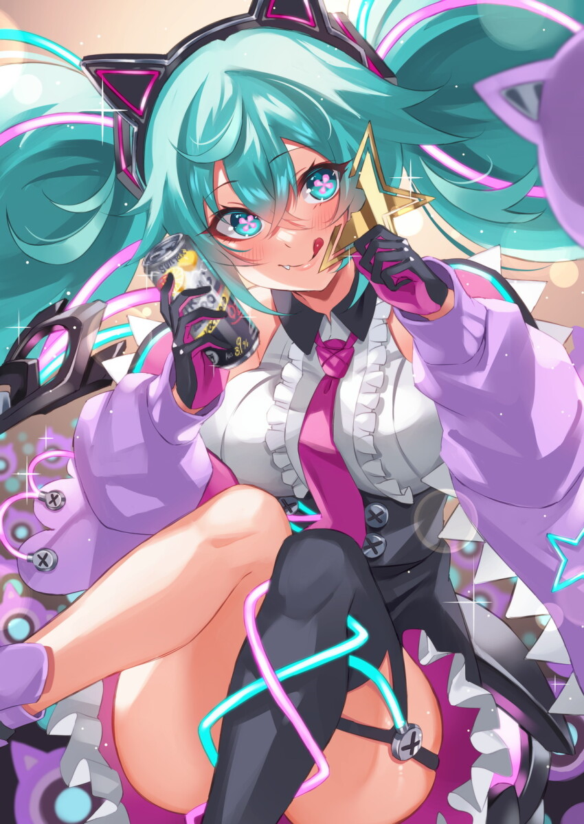 1girl, animal_ears, aqua_eyes, aqua_hair, bare_shoulders, breasts, can, cat_ears, center_frills, closed_mouth, crossed_bangs, digital_stars_miku, digital_stars_miku_(2023), dress, drink_can, fake_animal_ears, flower-shaped_pupils, frilled_dress, frills, garter_straps, hair_between_eyes, hatsune_miku, highres, inue_ao, licking_lips, looking_at_viewer, medium_breasts, necktie, ribbon, single_thighhigh, sleeveless, sleeveless_dress, smile, soda_can, solo, star_(symbol), symbol-shaped_pupils, thighhighs, tongue, tongue_out, twintails, vocaloid
