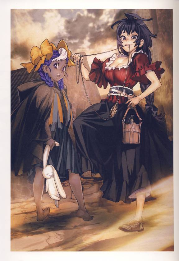 00s, 2girls, ahoge, barefoot, black_eyes, black_hair, blouse, braid, breasts, chacoly_cocotte, cleavage, dress, hair_ribbon, hamutz_meseta, large_breasts, long_hair, maeshima_shigeki, multicolored_hair, multiple_girls, purple_eyes, ribbon, sandals, scan, shirt, stuffed_animal, stuffed_toy, tatakau_shisho, aged_down