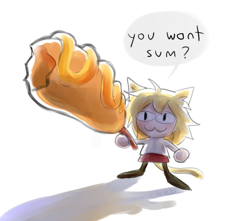 1girl, animal_ears, blonde_hair, cat_ears, cat_girl, cat_tail, corn_dog, english_text