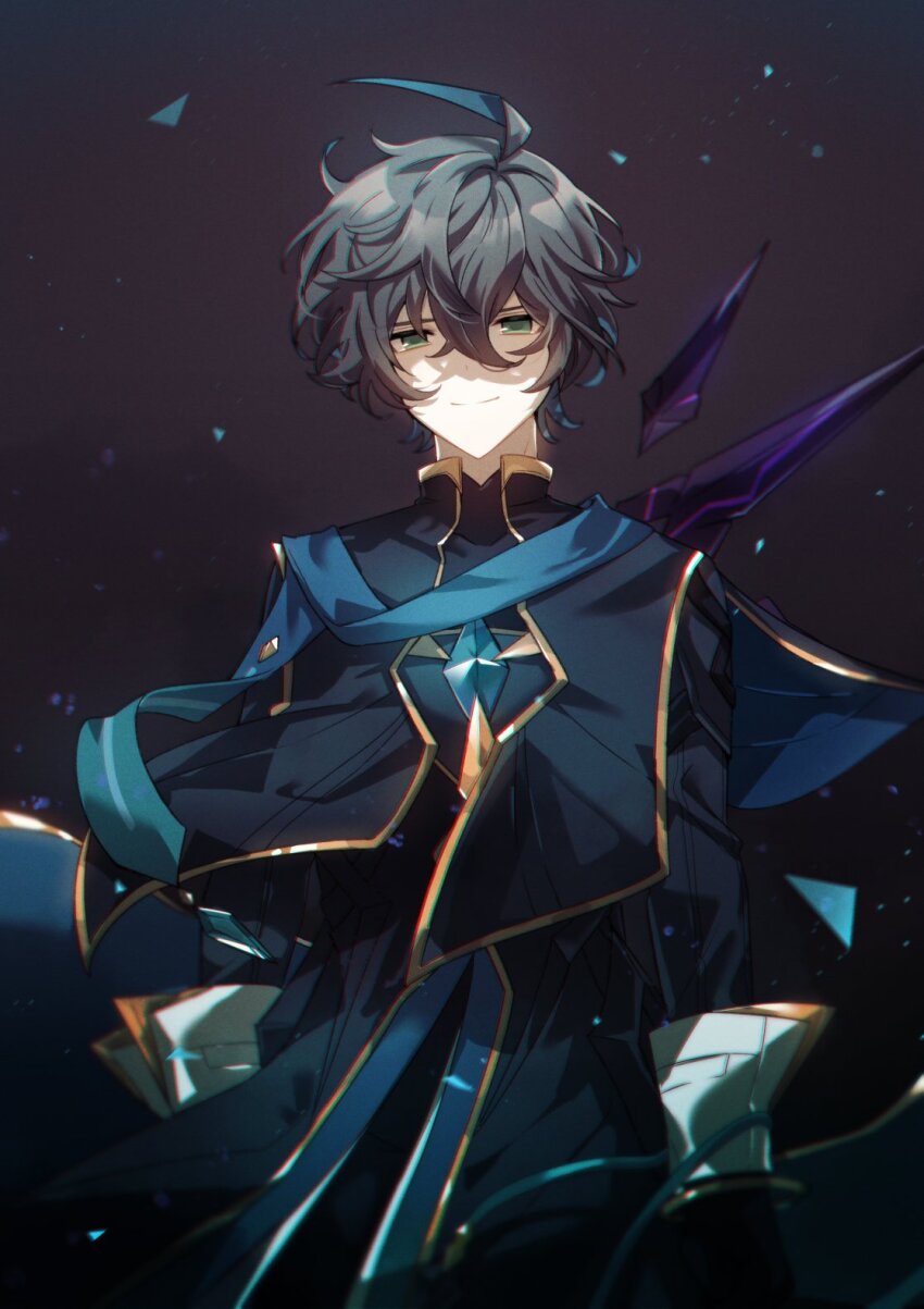 1boy, ahoge, ainchase_ishmael, aqua_hair, black_background, black_jacket, closed_mouth, elsword