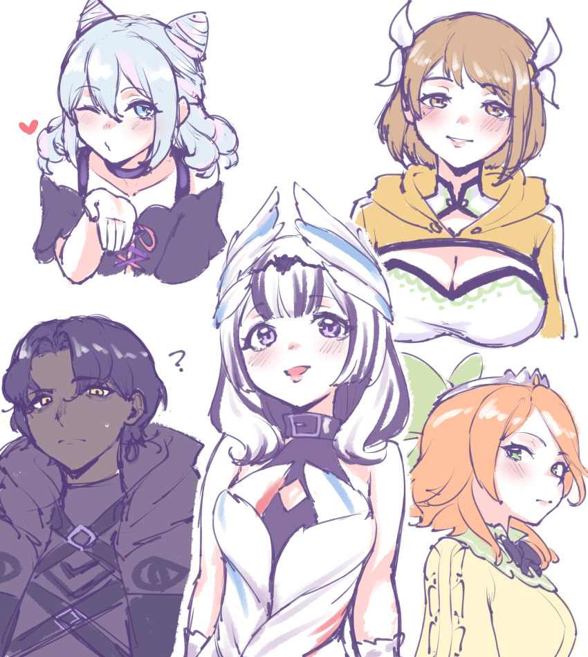 2boys, 3girls, :d, ?, absurdres, alternate_hair_length, alternate_hairstyle, bare_shoulders, black_shirt, blue_eyes, blue_hair, bow, breasts, brown_hair, choker, cleavage, commentary, cone_hair_bun, dark_skin, etie_(fire_emblem), fire_emblem, fire_emblem_engage, goldmary_(fire_emblem), green_bow, green_eyes, grin, hair_between_eyes, hair_bow, hair_bun, heart, highres, large_breasts, looking_at_viewer, medium_hair, multicolored_hair, multiple_boys, multiple_girls, nintendo, off-shoulder_shirt, off_shoulder, open_mouth, orange_hair, parted_lips, purple_choker, purple_hair, rosado_(fire_emblem), sher_(imnotsher), shirt, simple_background, smile, streaked_hair, tiara, trap, veyle_(fire_emblem), white_background, white_hair, yellow_shirt, zelkov_(fire_emblem)