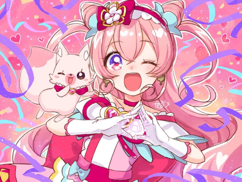 1girl, ;d, bow, brooch, choker, commentary_request, cone_hair_bun, cure_precious