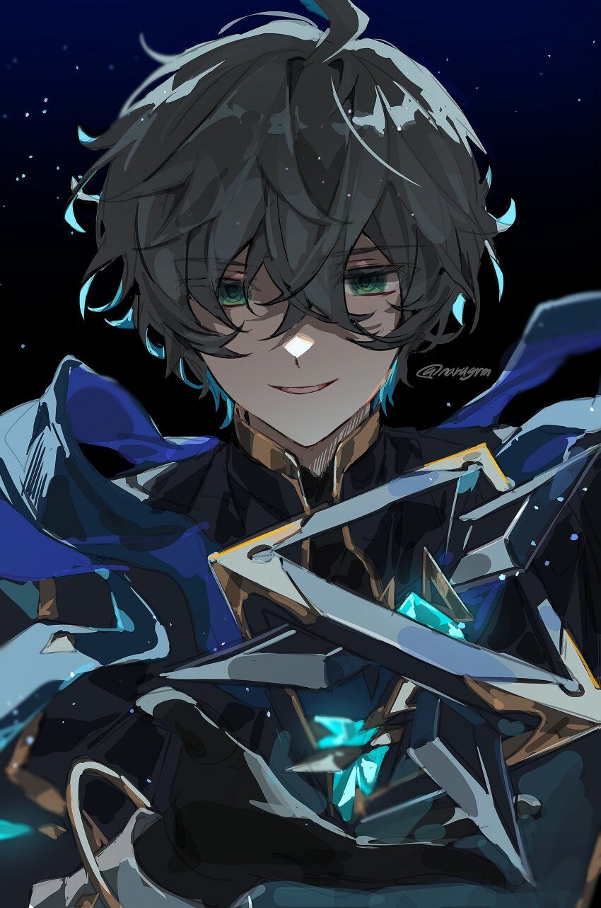 1boy, absurdres, ahoge, ainchase_ishmael, aqua_hair, black_background, blue_background, commentary_request, elsword, gloves, green_eyes, grey_hair, highres, korean_commentary, long_sleeves, looking_at_viewer, male_focus, multicolored_background, multicolored_hair, narugrm, open_mouth, schatz_reprise_(elsword), short_hair, smile, solo, twitter_username