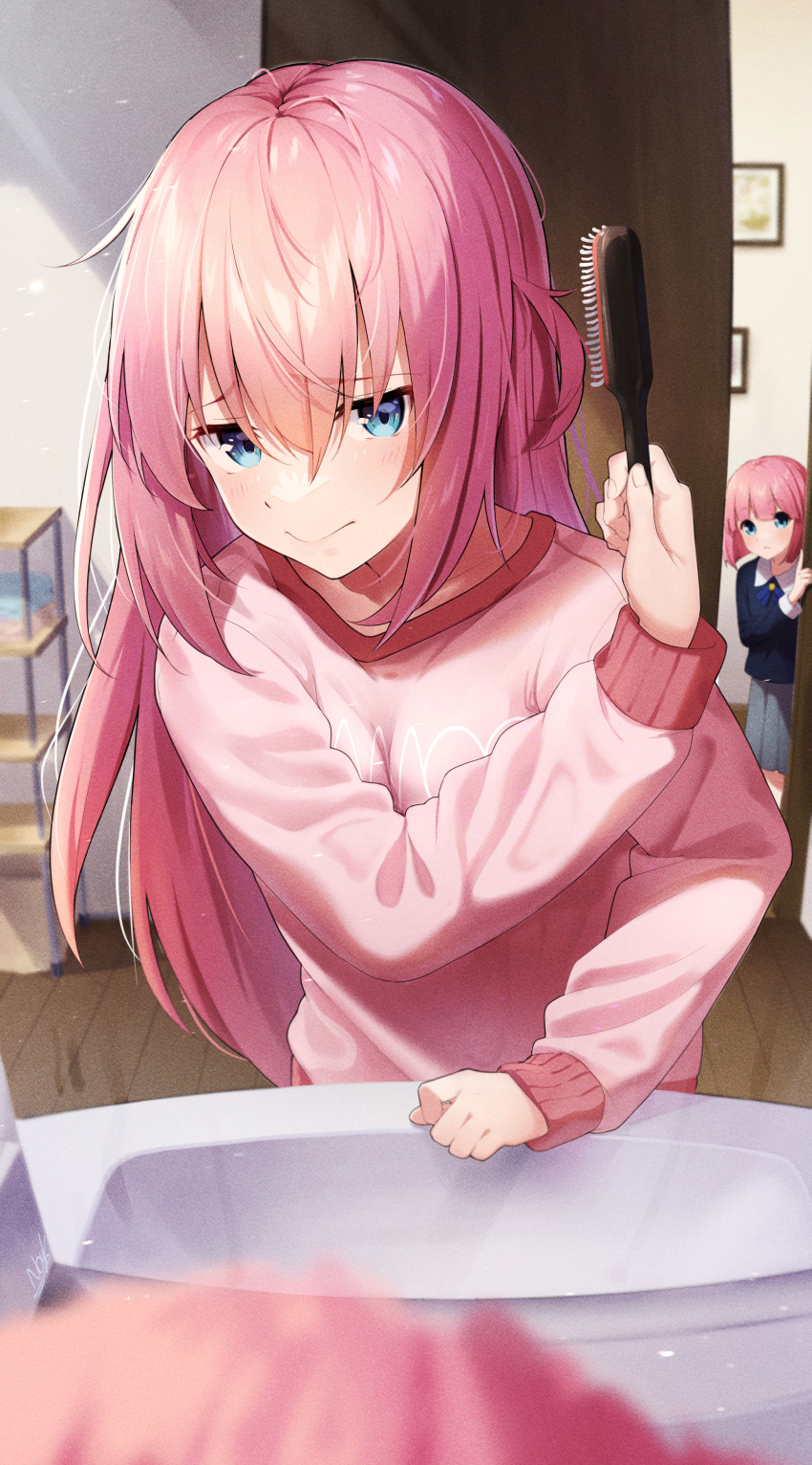 2girls, absurdres, ahoge, blue_eyes, blue_shirt, blurry, blush, bocchi_the_rock!, closed_mouth, collared_shirt, comb, commentary_request, depth_of_field, gotoh_futari, gotoh_hitori, green_eyes, grey_skirt, hair_between_eyes, hand_up, highres, holding, holding_comb, indoors, long_bangs, long_hair, looking_at_mirror, mirror, multiple_girls, noyk_iv, peeking_out, pink_hair, pink_shirt, shirt, short_hair, skirt, solo_focus, standing, upper_body, very_long_hair