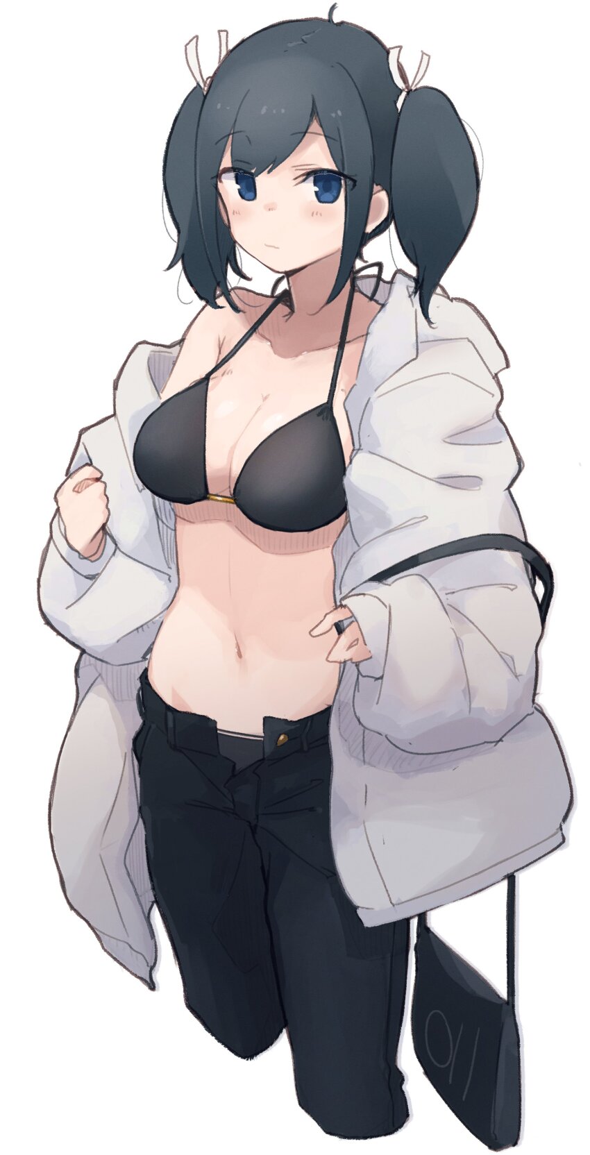1girl, absurdres, bag, black_bra, black_hair, black_pants, blue_eyes, blush