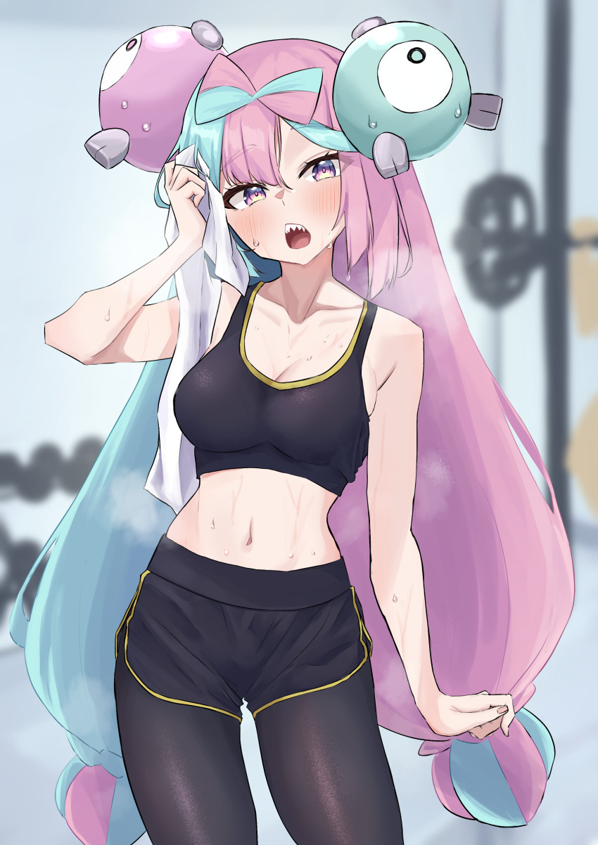 1girl, absurdres, alternate_costume, asymmetrical_bangs, black_leggings, black_shorts, black_sports_bra, blue_hair, blurry, blurry_background, breasts, character_hair_ornament, collarbone, commentary_request, dolphin_shorts, fitness_gym, hair_ornament, highres, holding, holding_towel, indoors, iono_(pokemon), kohaku_teru, leggings, looking_at_viewer, medium_breasts, multicolored_hair, navel, nintendo, open_mouth, pink_eyes, pink_hair, pokemon, pokemon_scarlet_and_violet, sharp_teeth, shorts, solo, sports_bra, sweat, teeth, towel, two-tone_hair, wiping_sweat