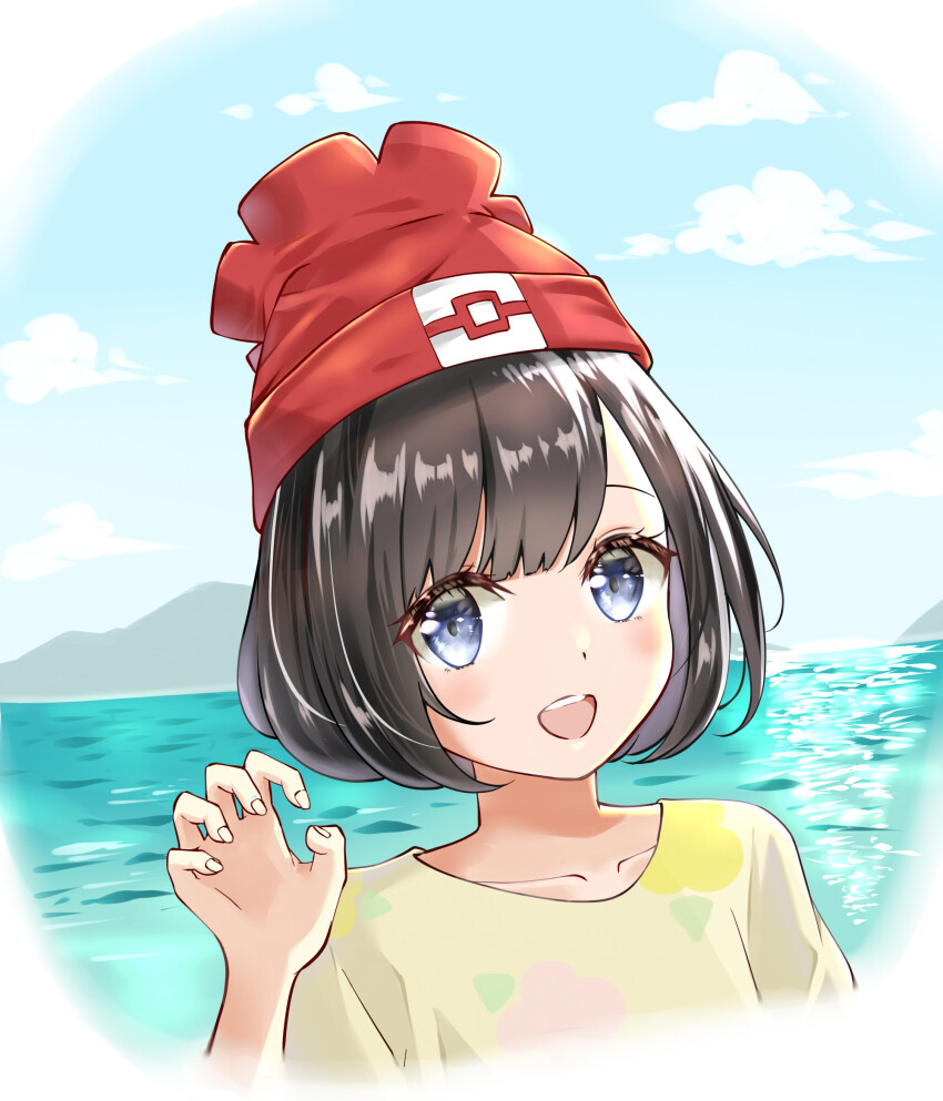 1girl, :d, ayaro_(genkiloobaii), beanie, black_hair, blue_eyes, blush, cloud, collarbone, commentary_request, day, eyelashes, floral_print, hand_up, hat, highres, looking_at_viewer, nintendo, open_mouth, outdoors, pokemon, pokemon_sun_and_moon, red_hat, selene_(pokemon), shirt, short_hair, sky, smile, solo, t-shirt, teeth, tongue, upper_body, upper_teeth_only, water, yellow_shirt