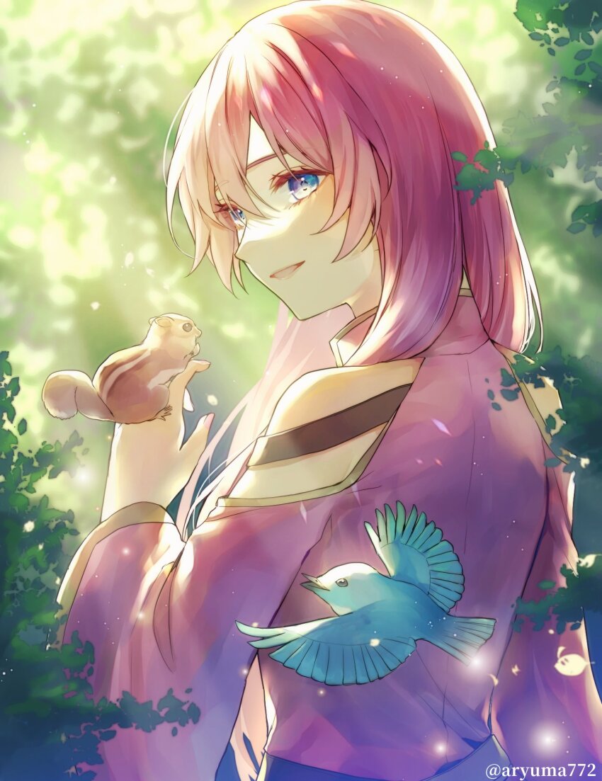 1girl, animal, animal_on_hand, aryuma772, backlighting, bare_shoulders, bird, blue_eyes