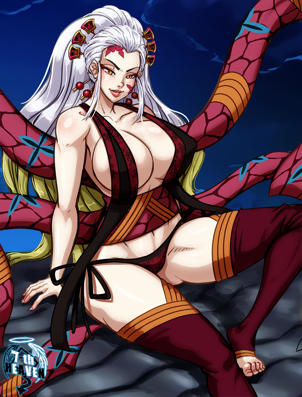 1girl, 7th-heaven, breasts, cleavage, daki_(kimetsu_no_yaiba), facial_tattoo, female_focus, green_eyes