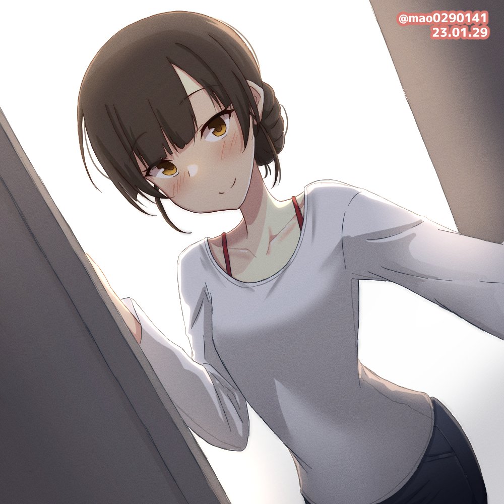 1girl, alternate_costume, black_pants, blunt_bangs, braid, brown_eyes, brown_hair, dated, doorway, double_bun, hair_bun, kantai_collection, long_hair, long_sleeves, m.a.o, pants, shirt, solo, twin_braids, twitter_username, un'you_(kancolle), upper_body, white_shirt, yawata_maru_(kancolle)