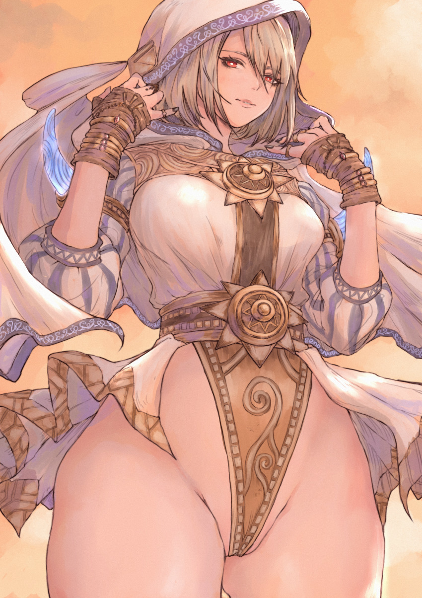 1girl, absurdres, black_nails, bob_cut, bracelet, bright_pupils, cape, commentary, final_fantasy, final_fantasy_xiv, gusty10rk, highres, hood, hood_up, hooded_cape, jewelry, looking_at_viewer, multiple_rings, nail_polish, nymeia, parted_lips, purple_trim, red_eyes, ring, short_hair, smile, solo, tagme, white_cape, white_pupils