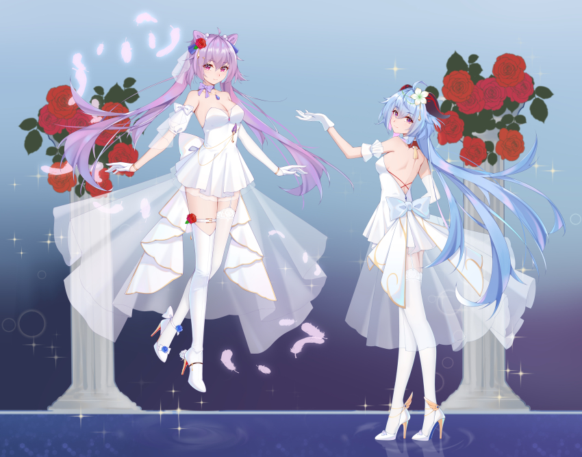 2girls, absurdres, backless_dress, backless_outfit, blue_hair, bow, breasts, chinese_commentary