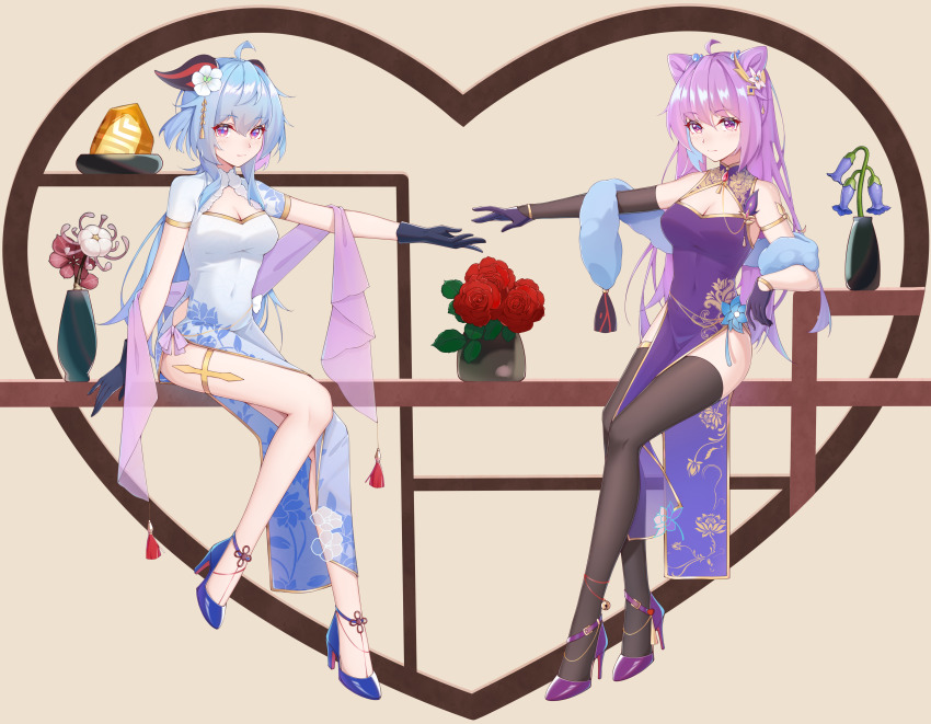 2girls, absurdres, black_sleeves, black_thighhighs, blue_dress, blue_flower, blue_footwear, blue_gloves