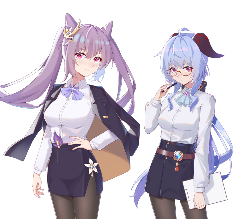 2girls, absurdres, ascot, black_jacket, black_pantyhose, black_skirt, blue_ascot, blush