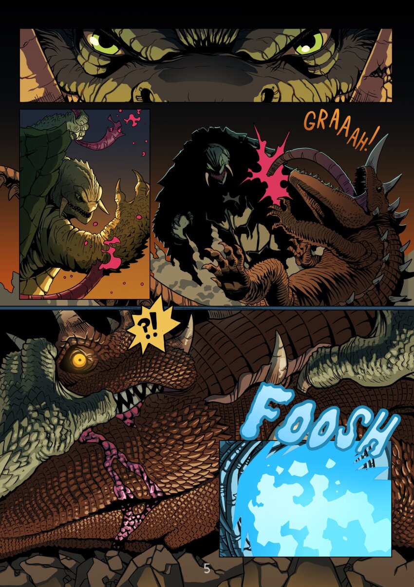 alex_alcanter, barugon, bleeding, blood, blue_fire, blue_plasma, colored_blood, daiei_film, daiei_motion_picture, destruction, english_text, exhaust, fire, flying, gamera, gamera_(series), gamera_vs._barugon, green_eyes, highres, horns, kadokawa, kaiju, lizard, long_tongue, nasal_horn, night, no_humans, pink_blood, plasma, sea_monster, smoke, tail, text_focus, tongue, turtle, turtle_shell, tusks, very_long_tongue, yellow_eyes