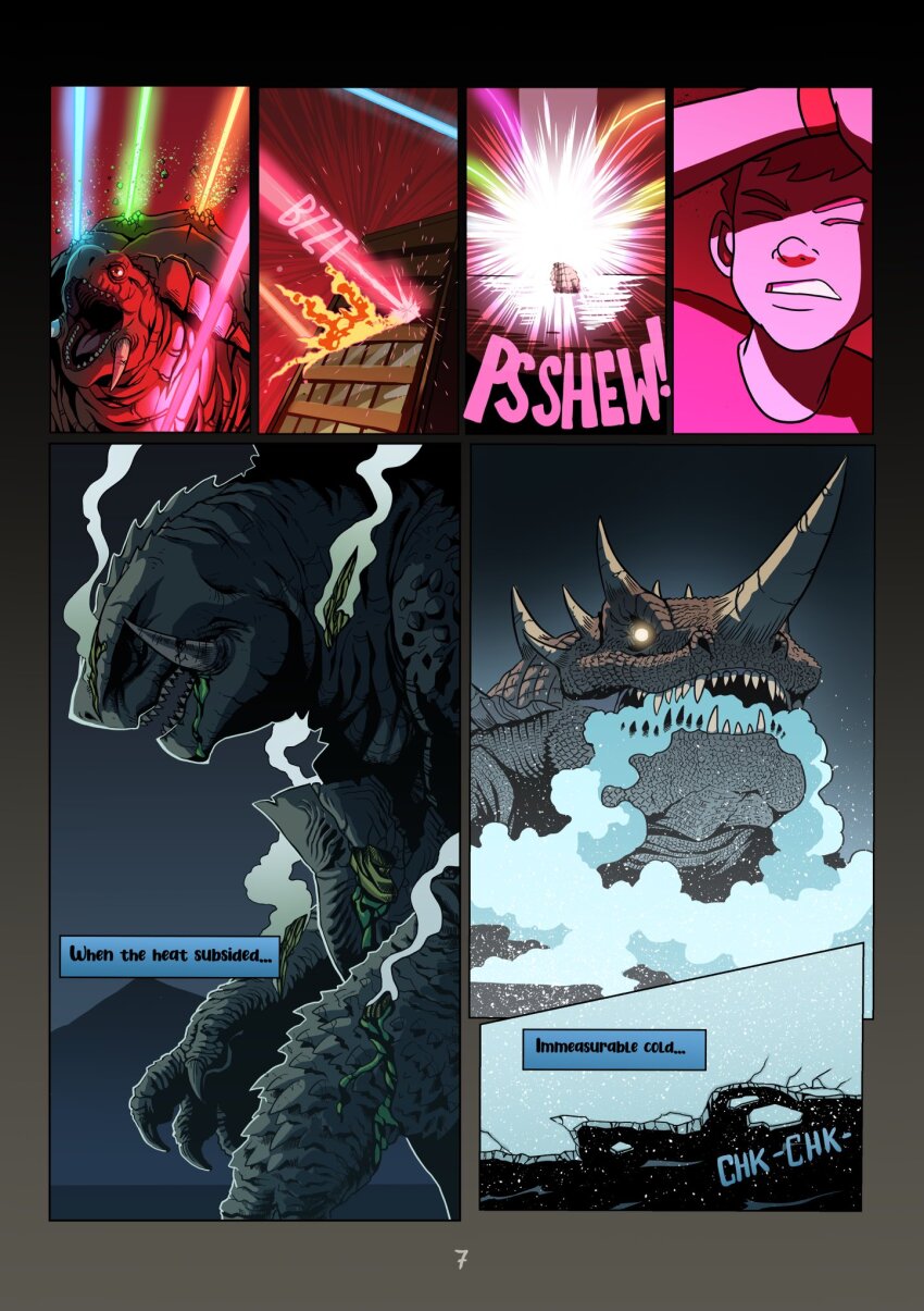 1boy, alex_alcanter, barugon, bleeding, blood, breath_weapon, breathing_ice, building