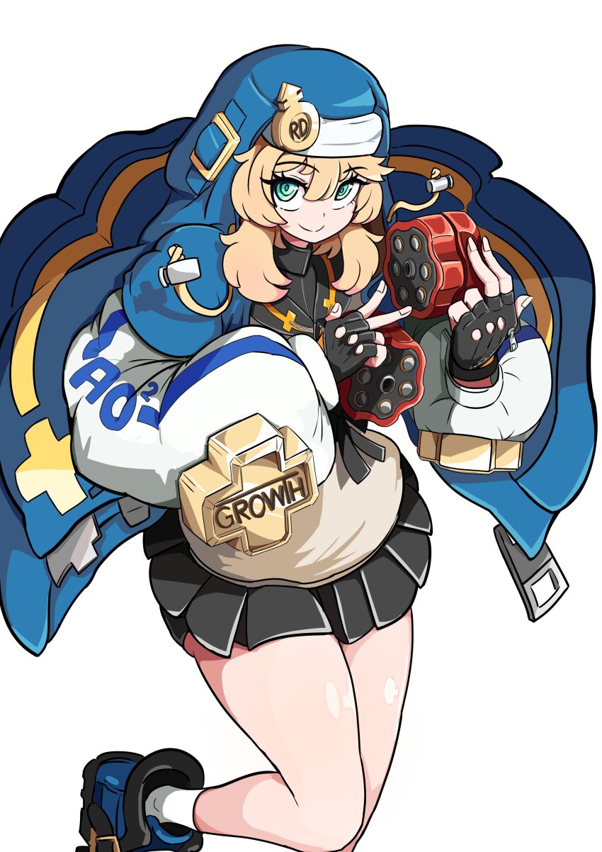 1boy, absurdres, androgyne_symbol, bike_shorts, bike_shorts_under_skirt, black_gloves, black_skirt, blonde_hair, bridget_(guilty_gear), fingerless_gloves, gloves, green_eyes, guilty_gear, guilty_gear_strive, habit, highres, hood, hood_up, hooded_jacket, hoodie, jacket, long_sleeves, looking_at_viewer, male_focus, medium_hair, misomaru, open_clothes, open_hoodie, pleated_skirt, puffy_long_sleeves, puffy_sleeves, skirt, smile, trap, yo-yo