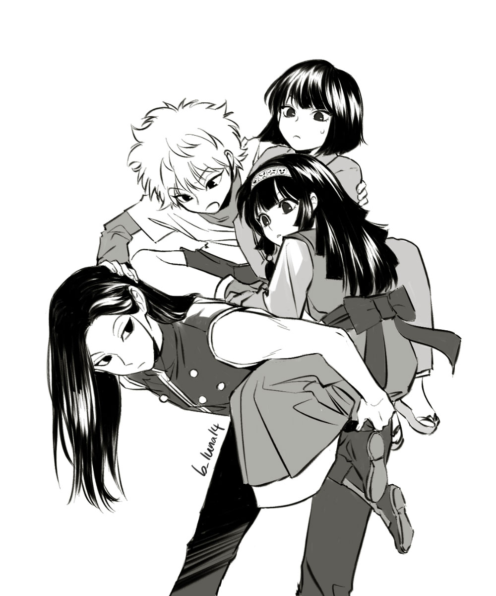 1other, 3boys, :o, alluka_zoldyck, b_luna14, back_bow, bent_over, bob_cut, boots, bow, brothers, carrying, closed_mouth, crossdressing, frown, greyscale, hairband, hand_on_another's_arm, hands_on_another's_head, highres, hunter_x_hunter, illumi_zoldyck, indian_style, japanese_clothes, kalluto_zoldyck, killua_zoldyck, kimono, layered_sleeves, long_hair, long_sleeves, looking_at_another, looking_away, looking_back, looking_down, looking_to_the_side, male_focus, monochrome, multi-tied_hair, multiple_boys, open_mouth, pants, piggyback, sash, shoe_soles, short_hair, short_over_long_sleeves, short_sleeves, shorts, siblings, sidelocks, simple_background, sitting, sitting_on_person, sleeveless, trap, twitter_username